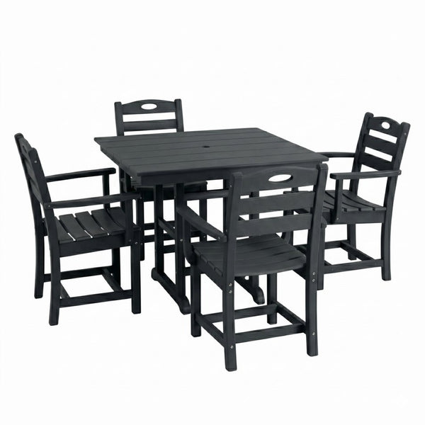English Elm Black HDPE Five Piece Outdoor Patio Dining Set Square Table with Umbrella Hole W3566S00053