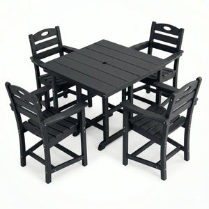 English Elm Black HDPE Five Piece Outdoor Patio Dining Set Square Table with Umbrella Hole W3566S00053