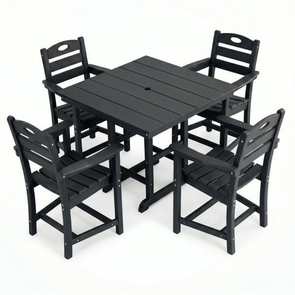 English Elm Black HDPE Five Piece Outdoor Patio Dining Set Square Table with Umbrella Hole W3566S00053