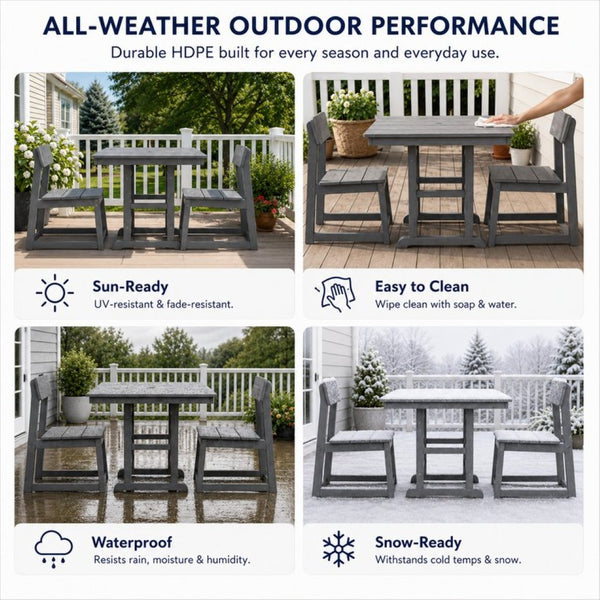 English Elm Gray Hdpe Outdoor Bistro Set with Square Table Two Chairs and Built-in Umbrella Hole W3566S00054