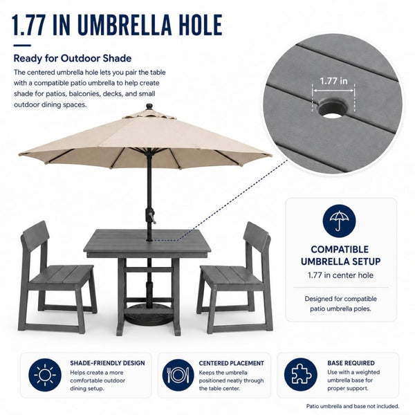 English Elm Gray Hdpe Outdoor Bistro Set with Square Table Two Chairs and Built-in Umbrella Hole W3566S00054