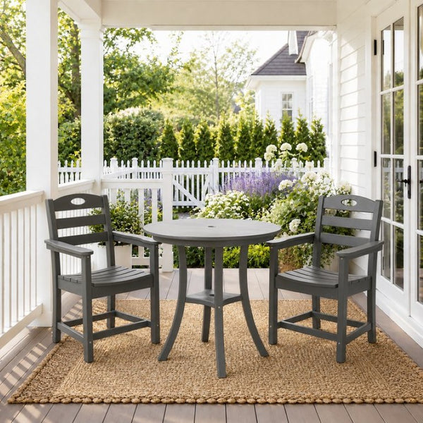 English Elm Charcoal HDPE 3 Piece Outdoor Bar Height Bistro Set with Umbrella Ready Round Table W3566S00056