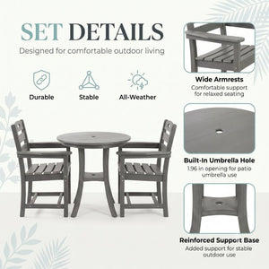 English Elm Charcoal HDPE 3 Piece Outdoor Bar Height Bistro Set with Umbrella Ready Round Table W3566S00056