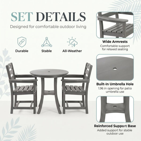 English Elm Charcoal HDPE 3 Piece Outdoor Bar Height Bistro Set with Umbrella Ready Round Table W3566S00056