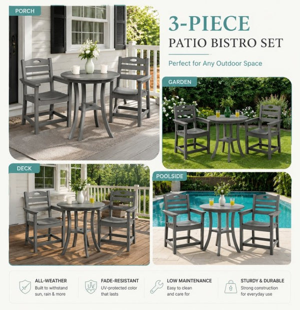 English Elm Charcoal HDPE 3 Piece Outdoor Bar Height Bistro Set with Umbrella Ready Round Table W3566S00056