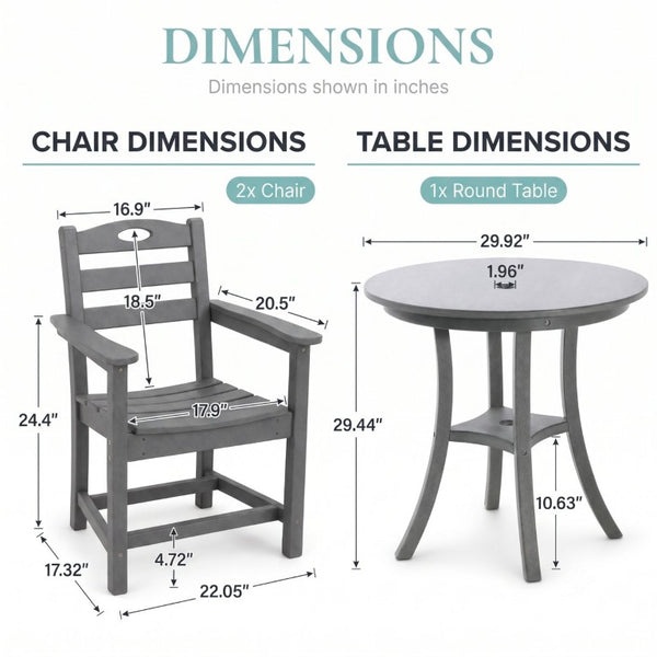 English Elm Charcoal HDPE 3 Piece Outdoor Bar Height Bistro Set with Umbrella Ready Round Table W3566S00056