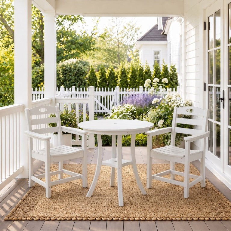 English Elm White HDPE Outdoor 3 Piece Bar Height Bistro Set Round Table Umbrella Hole Armchairs W3566S00057