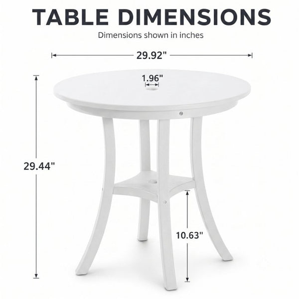 English Elm White HDPE Outdoor 3 Piece Bar Height Bistro Set Round Table Umbrella Hole Armchairs W3566S00057