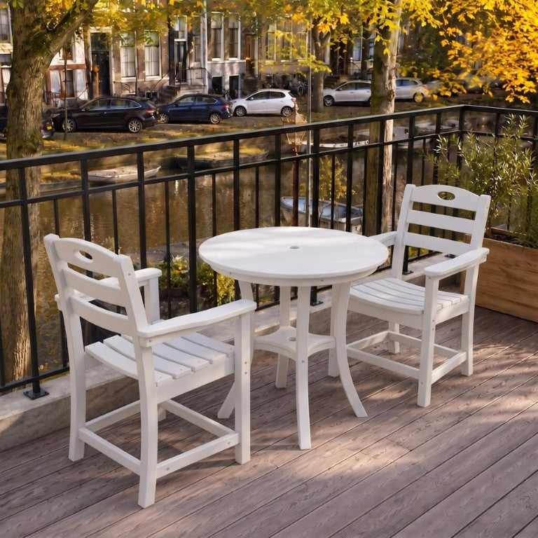 English Elm White HDPE Outdoor 3 Piece Bar Height Bistro Set Round Table Umbrella Hole Armchairs W3566S00057