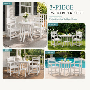 English Elm White HDPE Outdoor 3 Piece Bar Height Bistro Set Round Table Umbrella Hole Armchairs W3566S00057