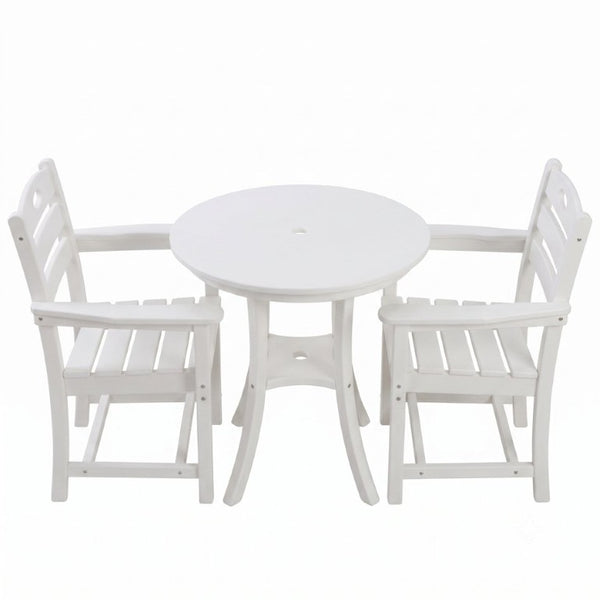 English Elm White HDPE Outdoor 3 Piece Bar Height Bistro Set Round Table Umbrella Hole Armchairs W3566S00057