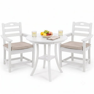 English Elm White HDPE Outdoor 3 Piece Bar Height Bistro Set Round Table Umbrella Hole Armchairs W3566S00057