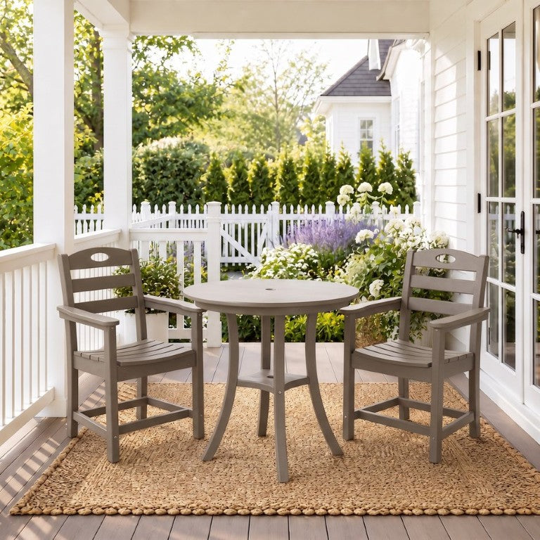 English Elm Antique Wood Tone HDPE Outdoor Bistro Set 3 Piece Round Table and Two Armchairs W3566S00058