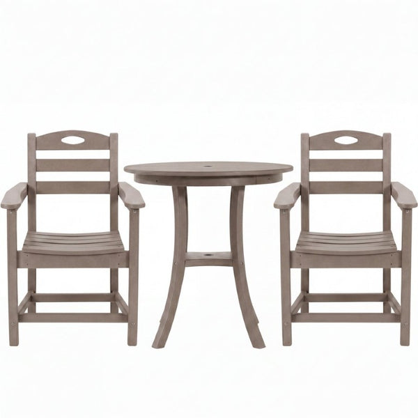 English Elm Antique Wood Tone HDPE Outdoor Bistro Set 3 Piece Round Table and Two Armchairs W3566S00058