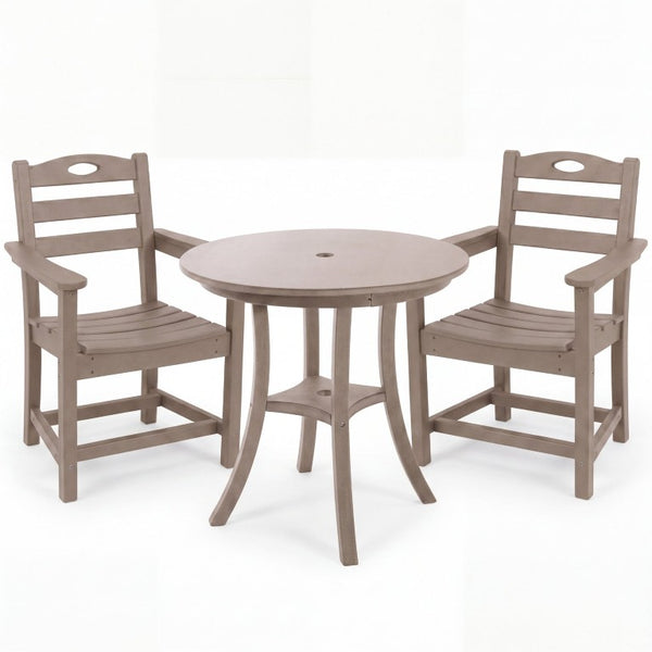English Elm Antique Wood Tone HDPE Outdoor Bistro Set 3 Piece Round Table and Two Armchairs W3566S00058