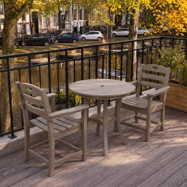 English Elm Antique Wood Tone HDPE Outdoor Bistro Set 3 Piece Round Table and Two Armchairs W3566S00058