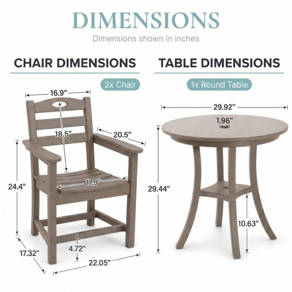 English Elm Antique Wood Tone HDPE Outdoor Bistro Set 3 Piece Round Table and Two Armchairs W3566S00058