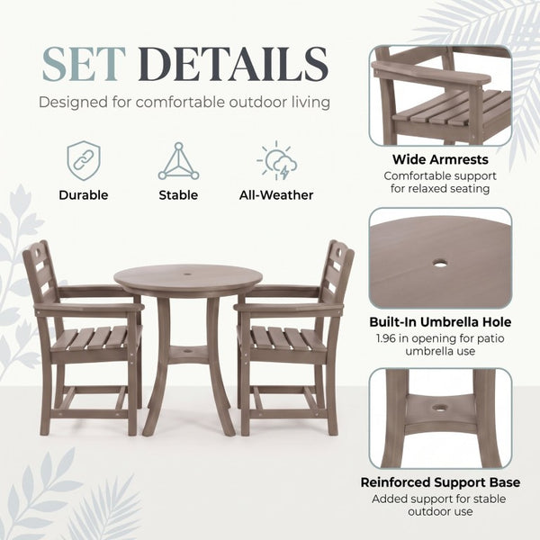 English Elm Antique Wood Tone HDPE Outdoor Bistro Set 3 Piece Round Table and Two Armchairs W3566S00058