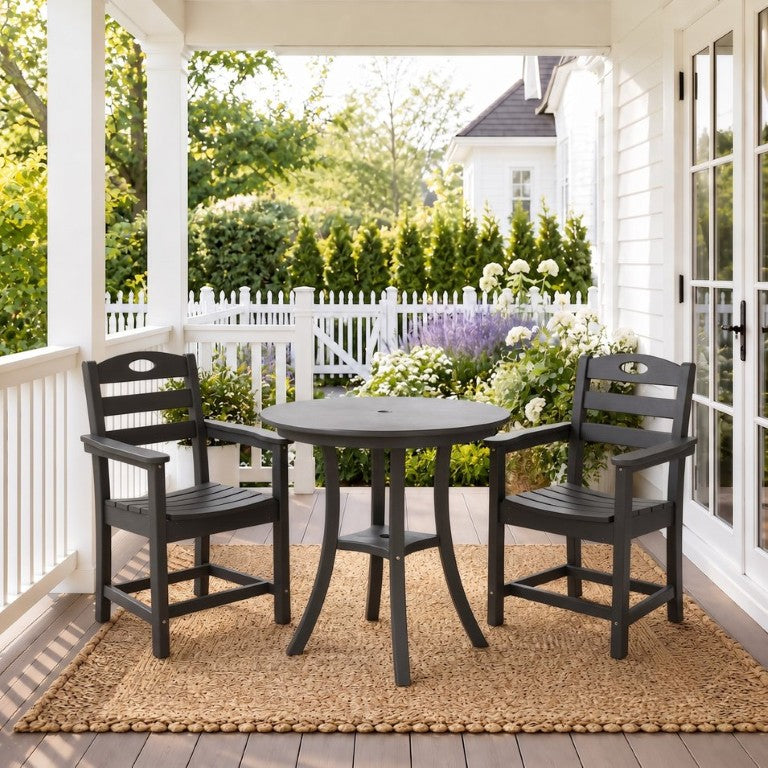 English Elm Black HDPE Outdoor Bar Height Bistro Set with Round Umbrella Table and Two Armchairs W3566S00059