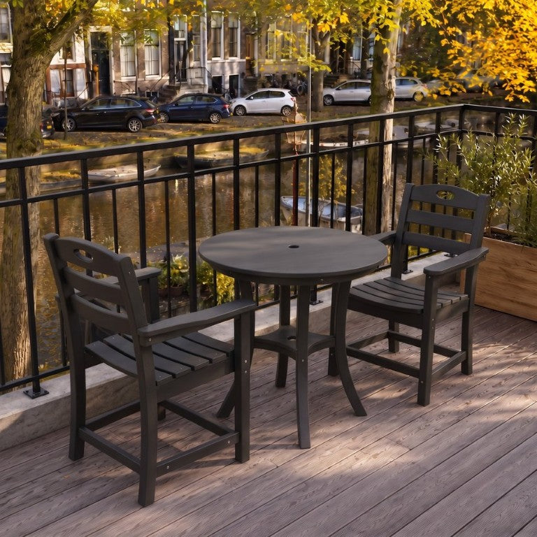 English Elm Black HDPE Outdoor Bar Height Bistro Set with Round Umbrella Table and Two Armchairs W3566S00059