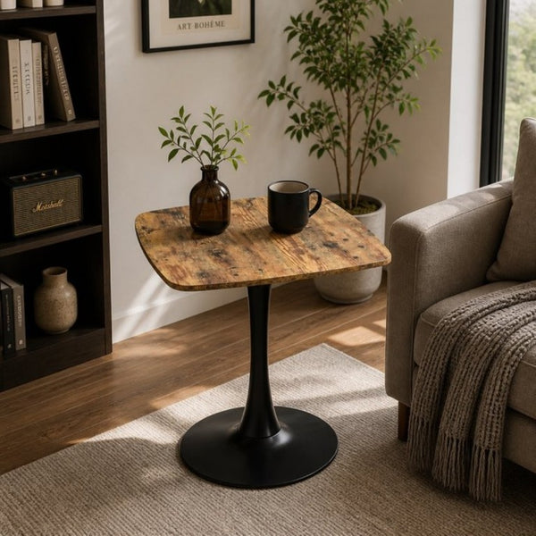 English Elm Square Tulip Pedestal Dining Table Rustic Brown MDF Top Matte Black Base Bistro W3590P507289