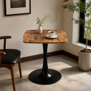 English Elm Square Tulip Pedestal Dining Table Rustic Brown MDF Top Matte Black Base Bistro W3590P507289