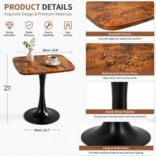 English Elm Square Tulip Pedestal Dining Table Rustic Brown MDF Top Matte Black Base Bistro W3590P507289