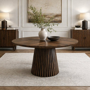 English Elm Walnut-Colored Round Dining Table Solid Wood Legs MDF Top Modern Space Saving Design W3590P507493