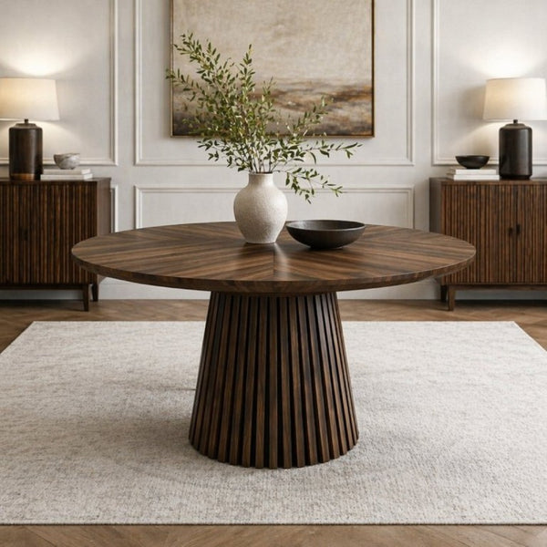 English Elm Walnut-Colored Round Dining Table Solid Wood Legs MDF Top Modern Space Saving Design W3590P507493