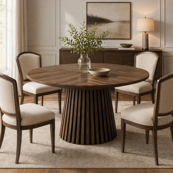 English Elm Walnut-Colored Round Dining Table Solid Wood Legs MDF Top Modern Space Saving Design W3590P507493