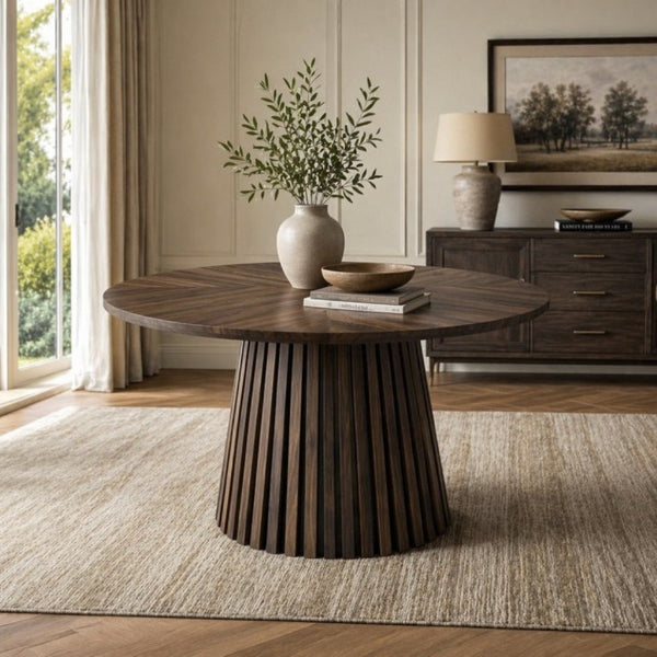 English Elm Walnut-Colored Round Dining Table Solid Wood Legs MDF Top Modern Space Saving Design W3590P507493