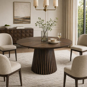 English Elm Walnut-Colored Round Dining Table Solid Wood Legs MDF Top Modern Space Saving Design W3590P507493