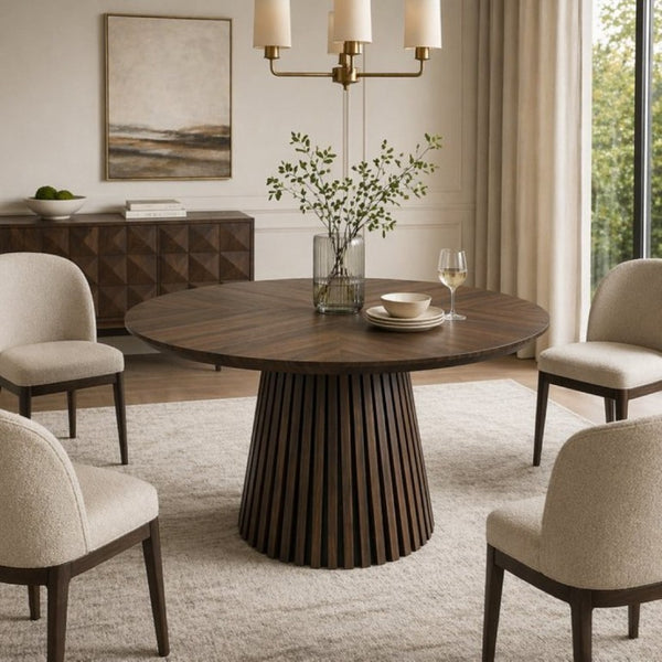 English Elm Walnut-Colored Round Dining Table Solid Wood Legs MDF Top Modern Space Saving Design W3590P507493