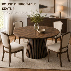 English Elm Walnut-Colored Round Dining Table Solid Wood Legs MDF Top Modern Space Saving Design W3590P507493