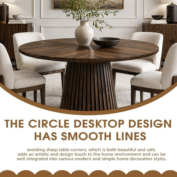 English Elm Walnut-Colored Round Dining Table Solid Wood Legs MDF Top Modern Space Saving Design W3590P507493