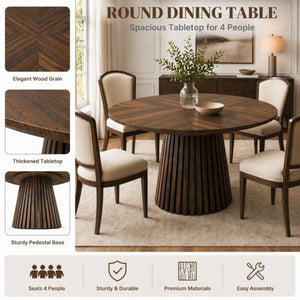 English Elm Walnut-Colored Round Dining Table Solid Wood Legs MDF Top Modern Space Saving Design W3590P507493