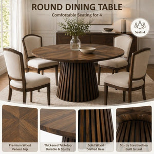 English Elm Walnut-Colored Round Dining Table Solid Wood Legs MDF Top Modern Space Saving Design W3590P507493