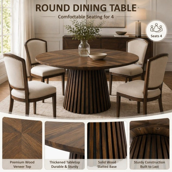 English Elm Walnut-Colored Round Dining Table Solid Wood Legs MDF Top Modern Space Saving Design W3590P507493