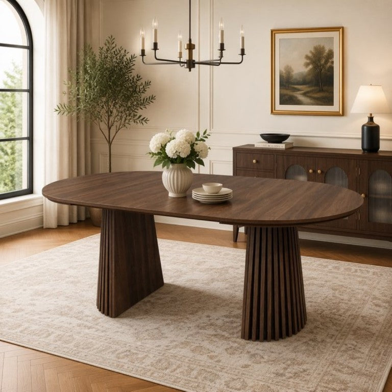 English Elm Walnut-Colored Extendable Oval Dining Table with Slatted Legs for Modern Interiors W3590P509604