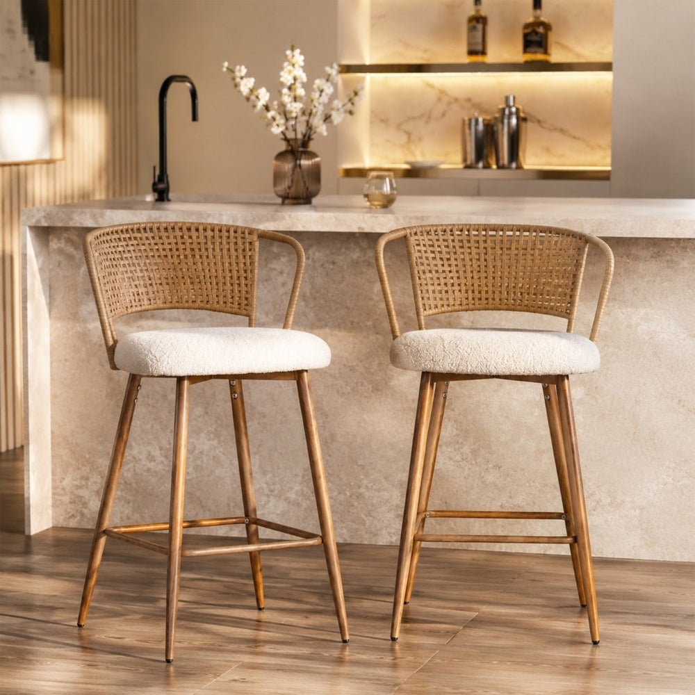 English Elm Barstools Set of 2 Woven Rattan Back Linen Seat Mid-century Boho Kitchen Island W3590P510325
