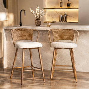 English Elm Barstools Set of 2 Woven Rattan Back Linen Seat Mid-century Boho Kitchen Island W3590P510325