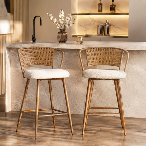 English Elm Barstools Set of 2 Woven Rattan Back Linen Seat Mid-century Boho Kitchen Island W3590P510325
