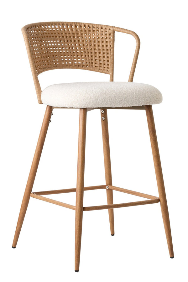 English Elm Barstools Set of 2 Woven Rattan Back Linen Seat Mid-century Boho Kitchen Island W3590P510325