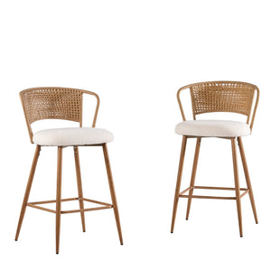 English Elm Barstools Set of 2 Woven Rattan Back Linen Seat Mid-century Boho Kitchen Island W3590P510325