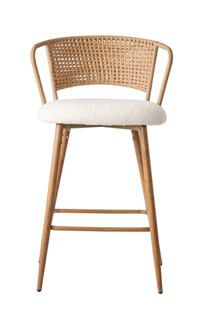 English Elm Barstools Set of 2 Woven Rattan Back Linen Seat Mid-century Boho Kitchen Island W3590P510325