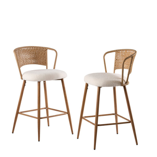 English Elm Barstools Set of 2 Woven Rattan Back Linen Seat Mid-century Boho Kitchen Island W3590P510325