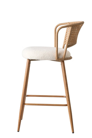 English Elm Barstools Set of 2 Woven Rattan Back Linen Seat Mid-century Boho Kitchen Island W3590P510325
