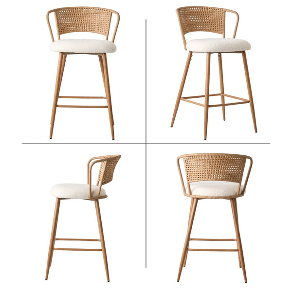 English Elm Barstools Set of 2 Woven Rattan Back Linen Seat Mid-century Boho Kitchen Island W3590P510325