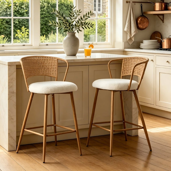 English Elm Barstools Set of 2 Woven Rattan Back Linen Seat Mid-century Boho Kitchen Island W3590P510325