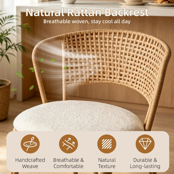 English Elm Barstools Set of 2 Woven Rattan Back Linen Seat Mid-century Boho Kitchen Island W3590P510325